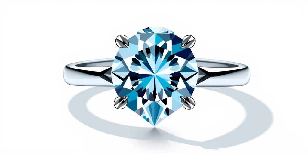 create a detailed illustration of a diamond ring with a geometric diamond on top, use a DSLR camera with a 50mm lens, aperture f/1.8, ISO 100, studio lighting, shot from a 45-degree angle to enhance the sparkle and clarity of the diamond while keeping the ring in sharp focus.