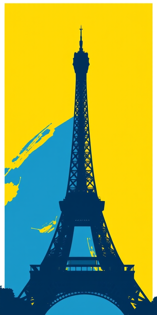 Create an artistic silhouette of the Eiffel Tower against a blue and yellow background, use a Canon EOS 5D Mark IV camera, set aperture to f/8, shutter speed to 1/125s, ISO 100, in landscape view, with a graphic design style.