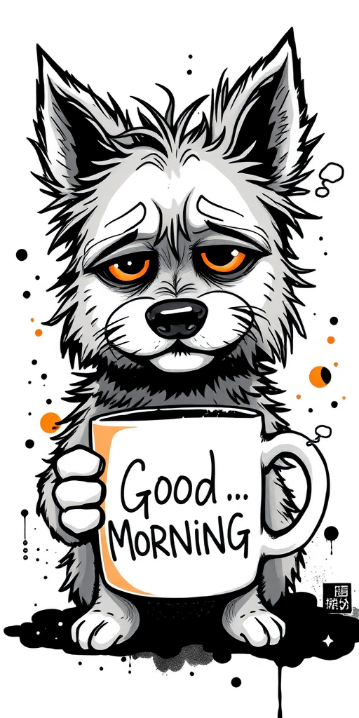 A quirky, artistic illustration of a disheveled shikoku dog breed with exaggerated, large eyes and spiky fur, holding a coffee mug that reads "Good Morning". The dog has a tired but humorous expression, with ink splatters and abstract details surrounding it, giving a whimsical feel to the image. The color palette is mostly monochrome with hints of orange in the eyes and steam rising from the mug, enhancing the overall sleepy vibe