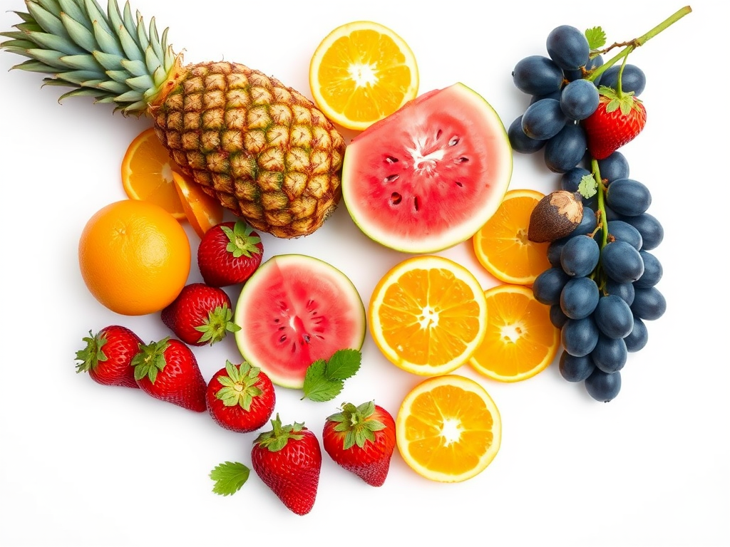 Create a vibrant illustration of assorted fruits including pineapple, watermelon, strawberries, oranges, and grapes on a bright background with high contrast, using a macro lens, f/2.8 aperture, ISO 100, natural lighting for enhanced detail, capturing a top-down view with a digital camera.