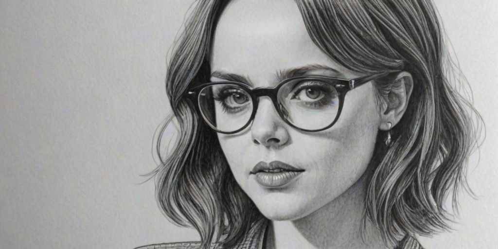 Captivating Christina Ricci, pencil sketch, portrait of Charming woman 1971s in glasses, hair style beatnik, outline, clear lines, fine lines, 8k
