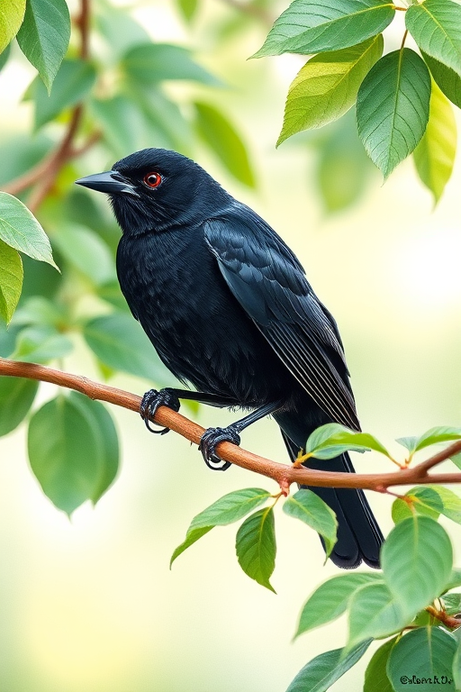 Create a detailed watercolor illustration of a black bird perched on a branch surrounded by lush greenery, soft pastel background, with a shallow depth of field; use a Canon EOS R5, 50mm f/1.8 lens, aperture f/2.8, ISO 100, and natural lighting for enhanced clarity and vibrant colors.