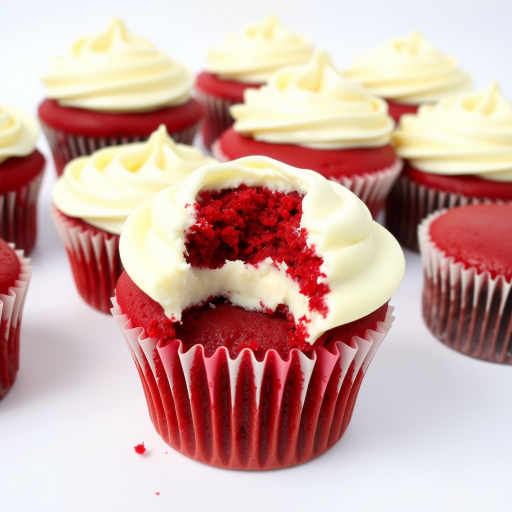 Red velvet cupcakes with cream cheese frosting arranged on a white background one cupcake has a bite taken out of it showing the moist red interior and fluffy frosting on top.