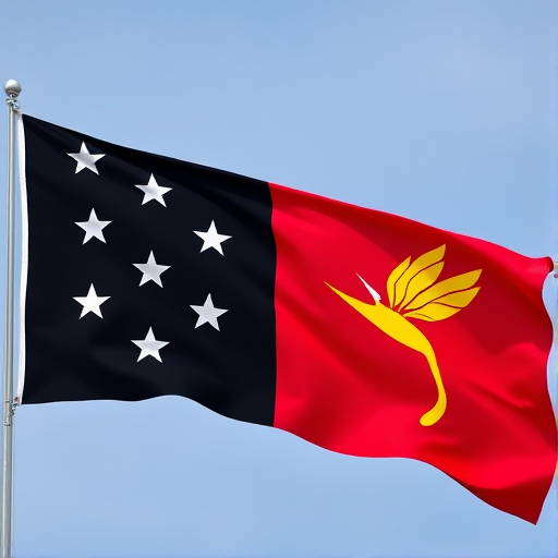 Generate an image of the national flag of Papua New Guinea featuring a black field with five white stars on the left side and a vibrant red field with a yellow bird of paradise on the right side, shot with a Canon EOS R5 using a 50mm f/1.2 lens at ISO 100, aperture f/5.6, and a 1/200 second shutter speed for high clarity and color contrast.