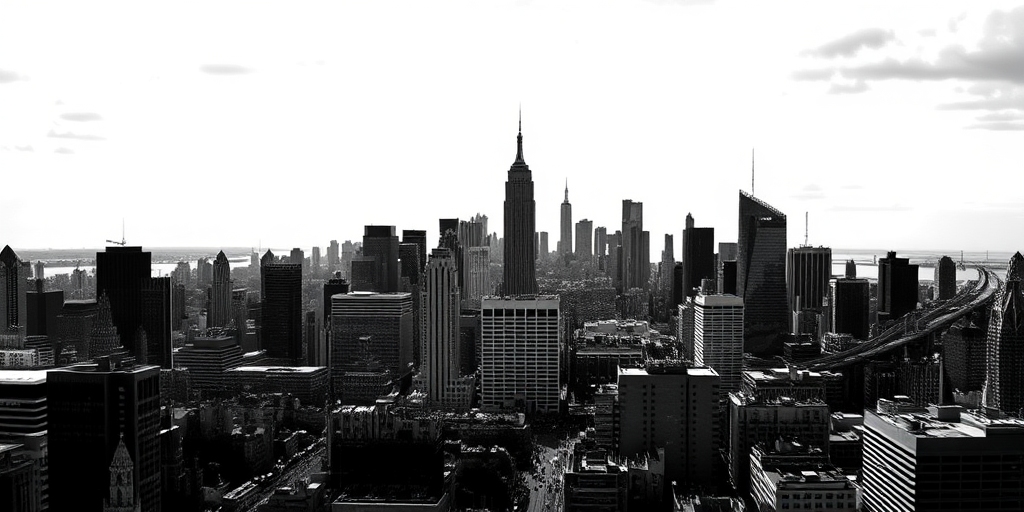 Generate a high-contrast black and white city skyline illustration, using a DSLR camera with a 50mm lens at f/8 aperture, ISO 100, and a panoramic view to enhance detail and clarity.