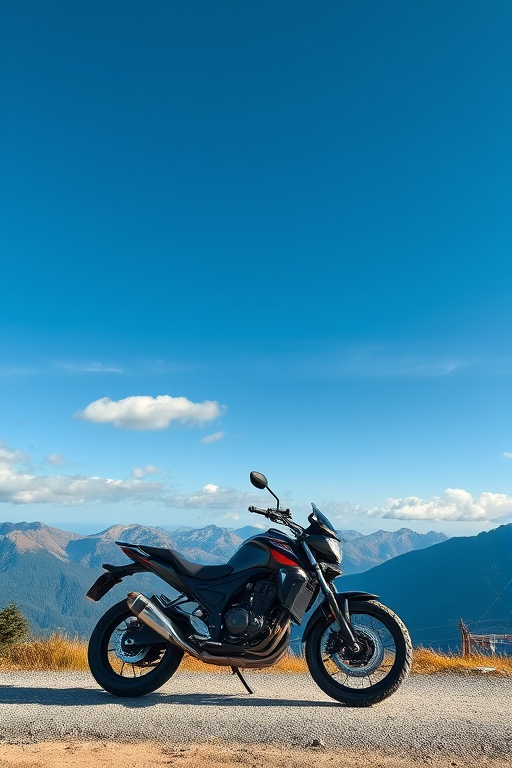 Capture a high-resolution image of a motorcycle parked on a gravel road in a mountainous landscape with a blue sky and scattered clouds, using a DSLR camera with a 24mm lens, f/8 aperture, ISO 200, 1/200 sec shutter speed, in landscape orientation.
