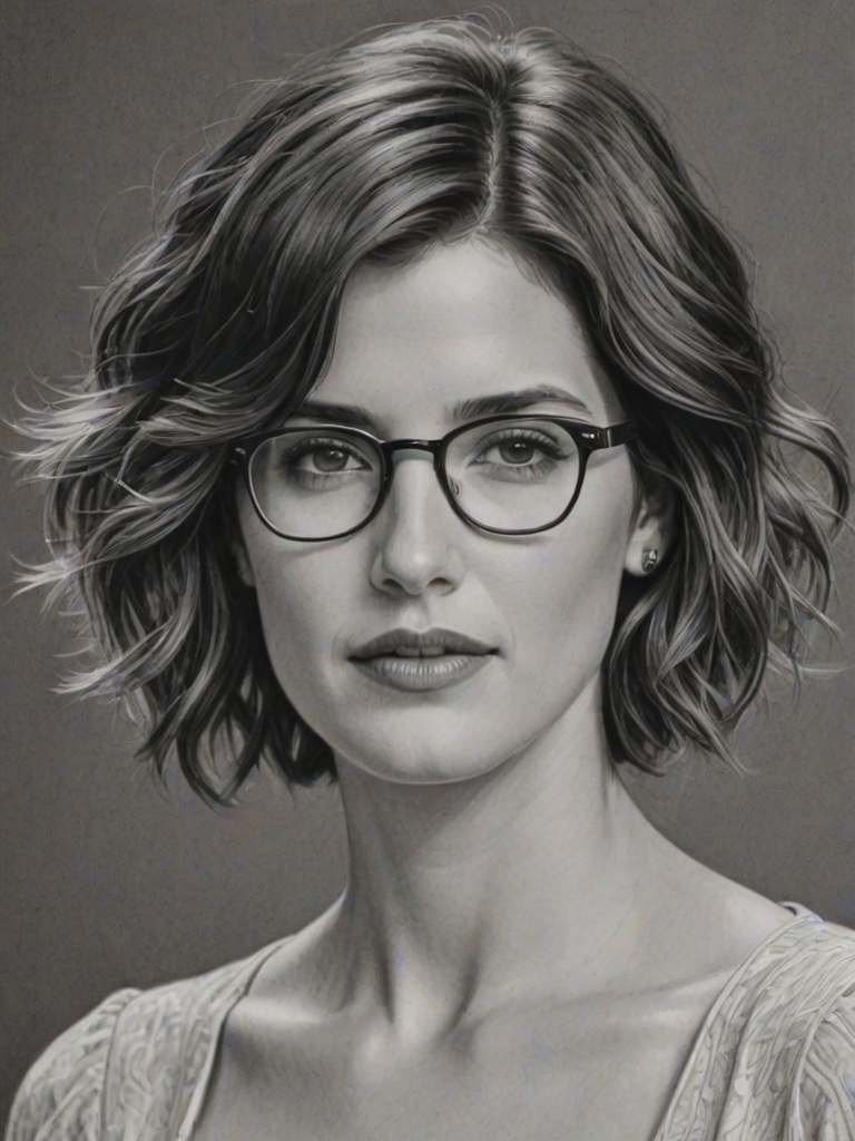 Fetching Cobie Smulders, pencil sketch, portrait of Enchanting woman 1921s in glasses, hair style beatnik, outline, clear lines, fine lines, 8k