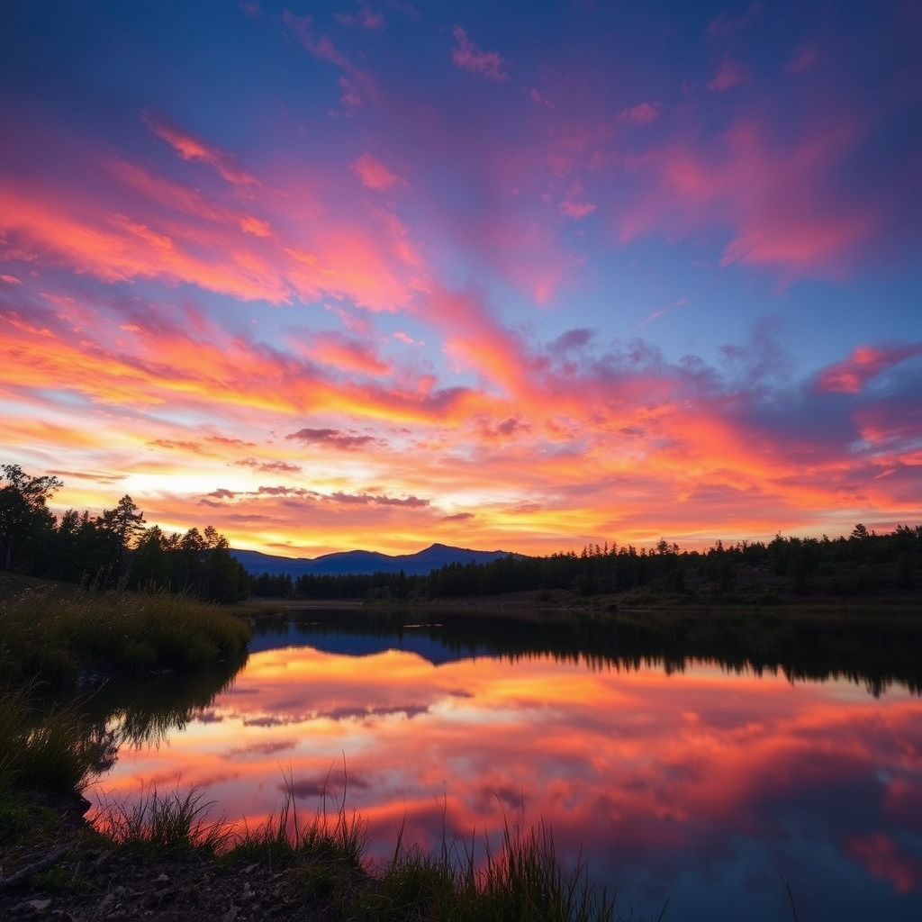 Generate a high-resolution image of a serene landscape at sunset featuring vibrant colors in the sky with a calm lake reflecting the scene, using a DSLR camera, aperture f/8, ISO 100, shutter speed 1/100s, shot from a low angle for depth, in landscape mode.