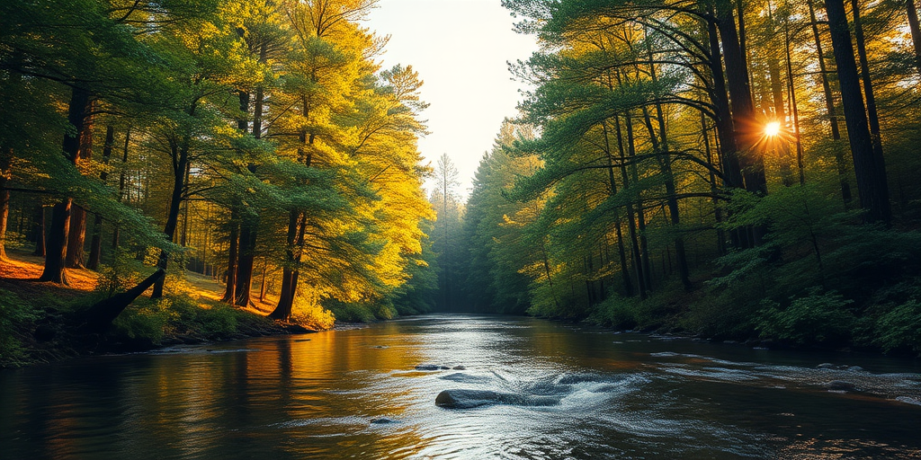 Create an image of a serene, sunlit forest scene with a clear, gently flowing river. Tall trees with lush green foliage line both sides of the river, their leaves bathed in the warm golden light of the setting or rising sun. The sunlight filters through the trees, casting soft, dappled light on the river, which flows over smooth rocks and pebbles, creating a peaceful, natural atmosphere. The sky is bright with a few scattered clouds, and the overall mood is tranquil, evoking a deep sense of connection with nature. The image captures the beauty of a calm, pristine forest landscape at either dawn or dusk.