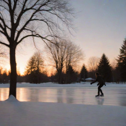 Blurry action shot of a person ice skating on a frozen pond at dusk, soft golden light from a nearby streetlamp illuminating the scene, with snow gently falling and trees swaying in the wind.