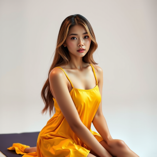 Resplendent photo of woman:Chinese:0.4, highlight hair, wearing Banana dress, sitting on Yoga mat, rim lighting, studio lighting, looking at the camera, dslr, ultra quality, sharp focus, tack sharp, dof, film grain, Fujifilm XT3, crystal clear, 8K UHD, highly detailed glossy eyes, high detailed skin, skin pores