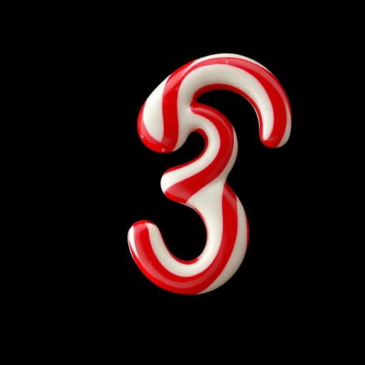 Create a vibrant image of a candy cane striped number 3 centered in a dark background, using a DSLR camera with a 50mm lens, aperture f/1.8, ISO 100, and a shallow depth of field for enhanced focus and clarity.