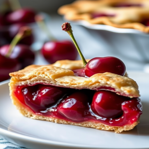 Create a high-resolution image of a cherry pie slice with vibrant colors, focus on the glossy cherries within a flaky crust, using a DSLR camera at f/2.8, ISO 100, 50mm lens, with a shallow depth of field and soft natural lighting.