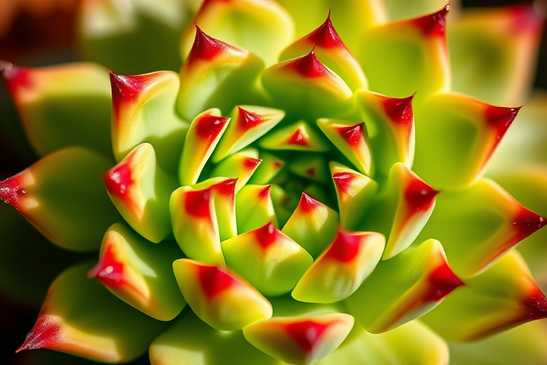 photograph a close-up of a green succulent plant with red tips, using a macro lens, aperture f/2.8, shutter speed 1/200 sec, ISO 100, natural light, focus on the center of the plant, DSLR camera
