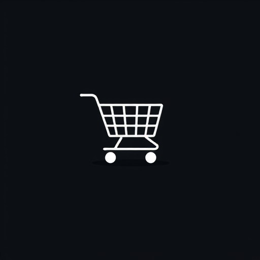 create a minimalist icon of a shopping cart with a long shadow on a dark background, using a Nikon D850 with an aperture of f/8, ISO 100, 50mm lens, and top-down view photography style for crisp detail and enhanced quality
