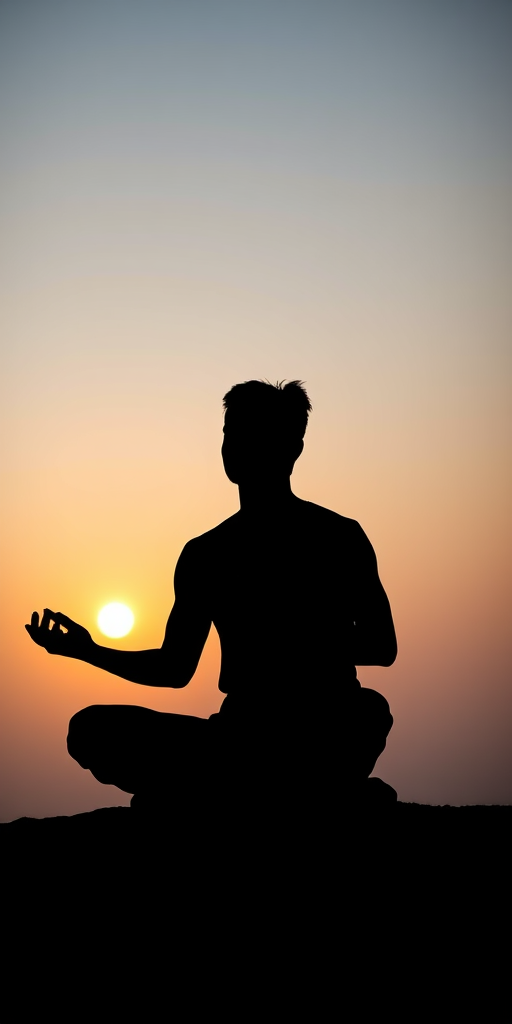 Create a high-contrast silhouette of a meditating man in a lotus position against a soft gradient background, using a Canon EOS R5 camera with a 50mm f/1.8 lens at f/4, ISO 100, and a shallow depth of field.