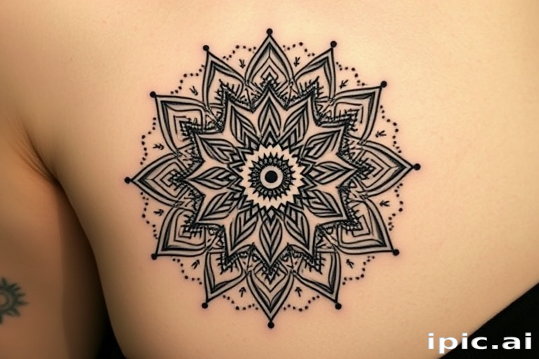 Dotwork mandala tattoo called "Sacred Geometry" showcasing intricate patterns and symmetrical designs created entirely with tiny dots in varying densities of black ink