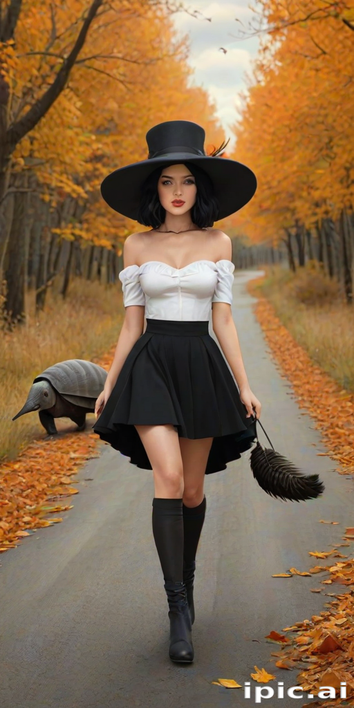 digital art fantasy depicting a strange girl with black hair, long eyelashes, orange lipstick and a tall hat walking along a winding road on an autumn afternoon, an armadillo smiles as he passes