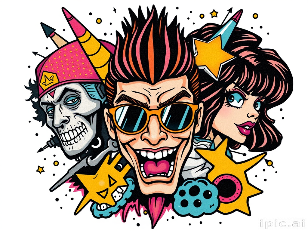 New school tattoo "Pop Culture Fusion" combining bold, cartoonish elements with exaggerated features and vibrant colors to create a playful mashup of iconic characters and symbols