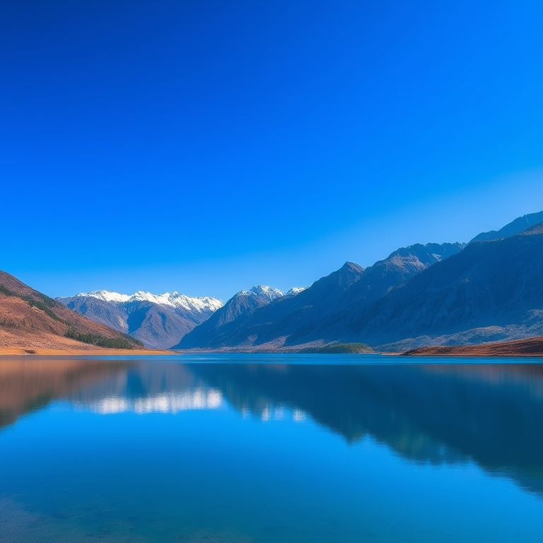 Create a high-resolution image of a serene landscape with mountains in the background, a clear blue sky, and a reflective lake in the foreground, shot with a Canon EOS 5D Mark IV, ISO 100, f/8, 1/125 sec, using a wide-angle lens for an expansive view.