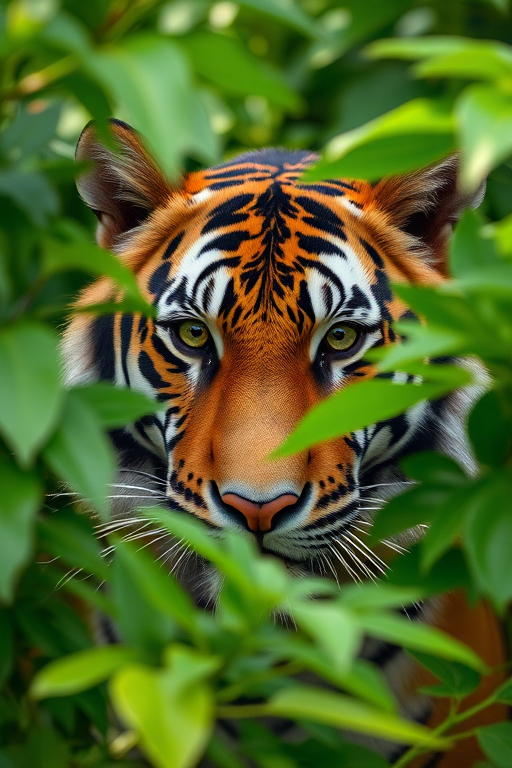 Regenerate the image of a tiger peering through lush green leaves with a DSLR camera, 50mm lens, f/2.8 aperture, ISO 100, 1/200s shutter speed, with a shallow depth of field and natural lighting for enhanced color and detail.
