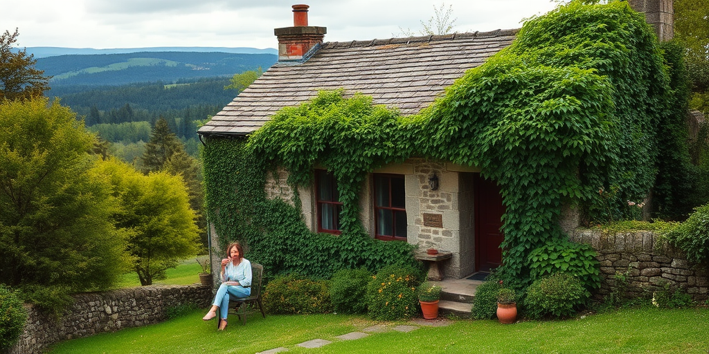 Old stone cottage surrounded by ivy, a woman sits on the front steps, sipping tea, with a view of the rolling hills and forests in the distance.