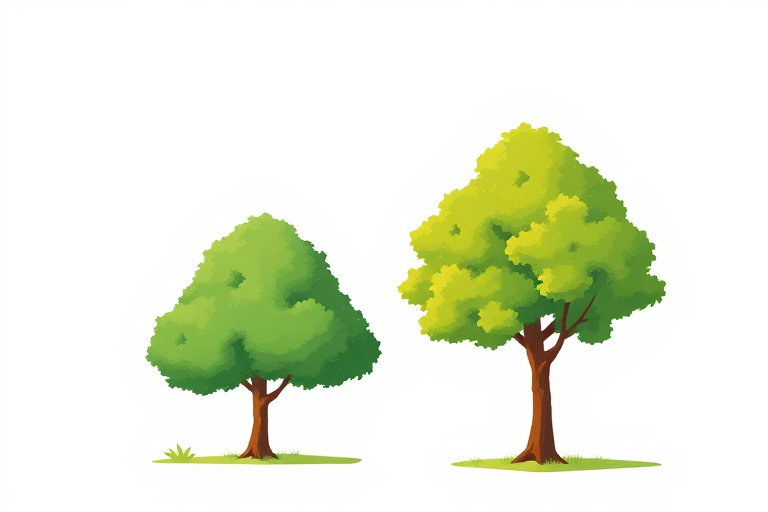 Create a high-resolution illustration of two stylized trees, one large and one small, in a bright green color palette, using a DSLR camera with a 50mm lens, f/4 aperture, 1/200s shutter speed, and natural light for vibrant colors and sharp details.