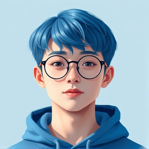 Generate a high-quality digital illustration of a person with short blue hair and round glasses, wearing a blue hoodie, with a minimalist background, using a Canon EOS R5 camera with a 50mm lens at f/1.8, shooting from a slightly low angle to enhance perspective, in a bright and soft lighting style.