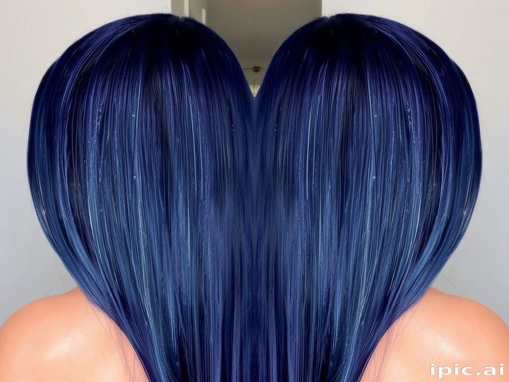 Midnight blue waist-length straight hair with silver streaks resembling shooting stars, named "Celestial Dream" look, showcasing a sleek and glossy finish