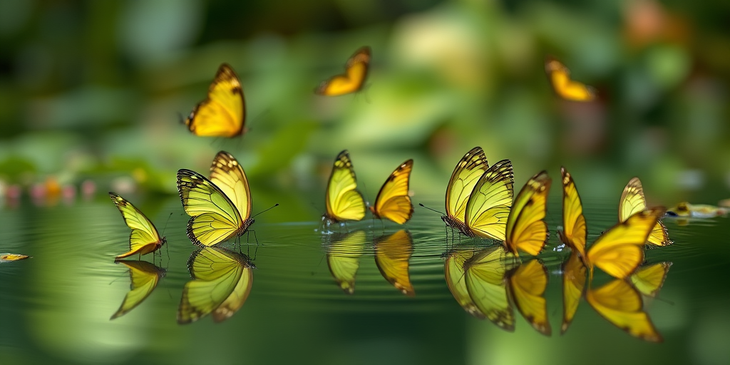 Generate an image of a serene outdoor scene featuring a variety of butterflies gathered around a small body of water. The butterflies should display vibrant colors, including shades of green and yellow, while reflecting on the water's surface. The background should include soft blurred greenery, creating a peaceful atmosphere.