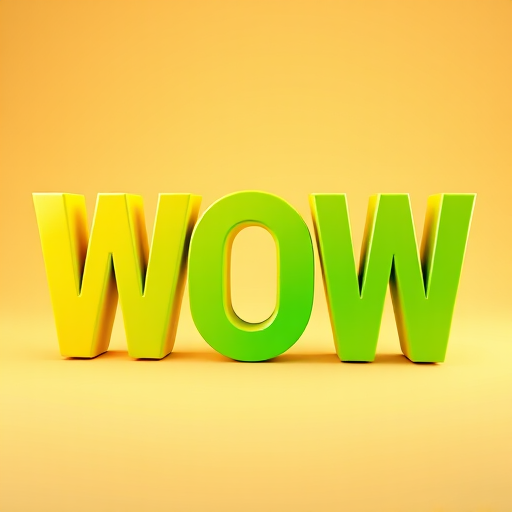 Create a vibrant 3D illustration of the word WOW with a gradient of yellow to green, using a high-resolution digital camera with a 50mm lens, f/8 aperture, and ISO 100, in a frontal view with soft lighting to enhance the depth and clarity of the letters.