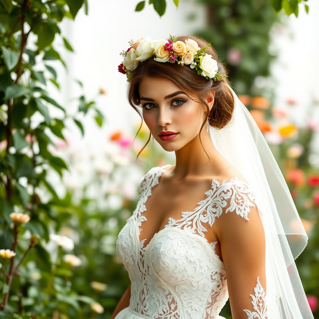 garden scene, bridal model, delicate lace gown, floral headpiece, soft romantic focus, high-key lighting and an 85mm lens for soft, even tones that highlight the model’s face and bright outfit against a white or light background