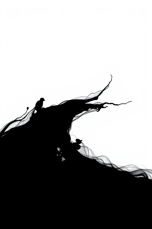 Generate a high-resolution image of an abstract black silhouette design against a light background, using a Canon EOS R5 camera with a 50mm lens, aperture f/1.8, shutter speed 1/100s, ISO 100, taken from a frontal view in soft natural lighting.