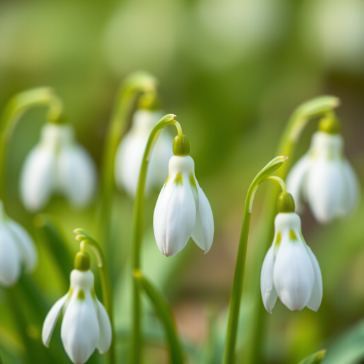 close-up of snowdrop flowers with a soft green background, aperture f/2.8 for shallow depth of field, ISO 100 for clarity, 50mm lens for detailed focus, natural light for soft shadows, DSLR camera, macro view