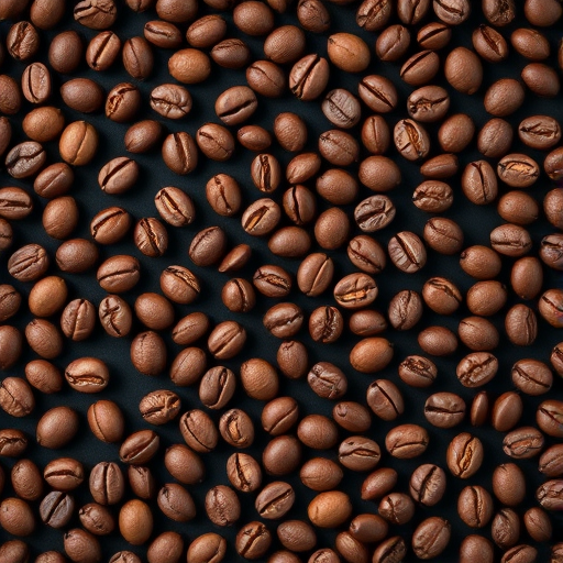 Create a seamless pattern of coffee beans scattered randomly on a black background, with a macro lens, f-stop 2.8, ISO 100, shot from a top-down view using a DSLR camera.