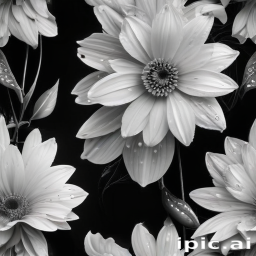 Elegant Black and White Floral Design Featuring Delicate Water-Dropped ...