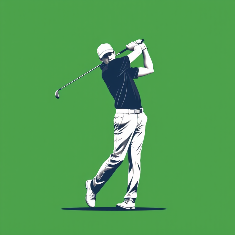 Create a minimalist graphic of a golfer in mid-swing with a green background, using a vector art style; camera type: DSLR, camera settings: f/4, ISO 100, shutter speed 1/200s; camera view: wide-angle.