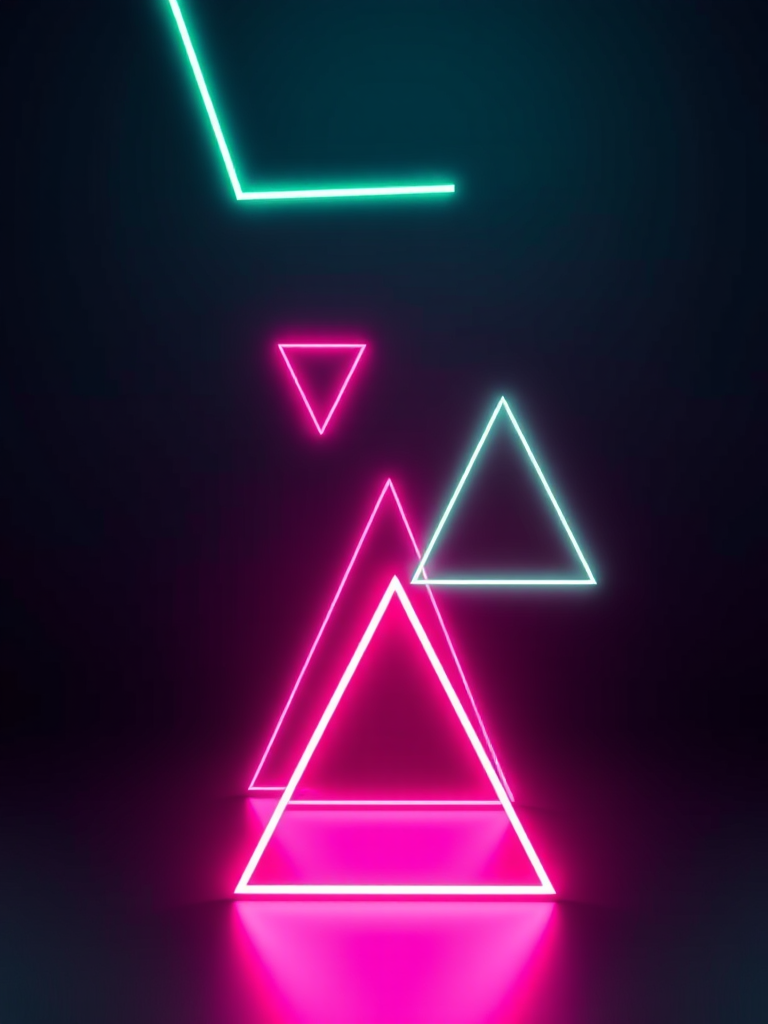 Create a 3D abstract geometric scene featuring glowing neon triangular shapes in a dark gradient background, using a Canon EOS R5, 50mm lens, f/1.8 aperture, ISO 100, 1/125s shutter speed, with a low angle view and soft lighting for enhanced depth and vibrancy.