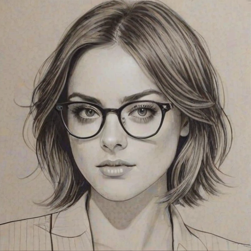 Superb Jessica Stroup, pencil sketch, portrait of Radiant woman 1978s in glasses, hair style beatnik, outline, clear lines, fine lines, 8k