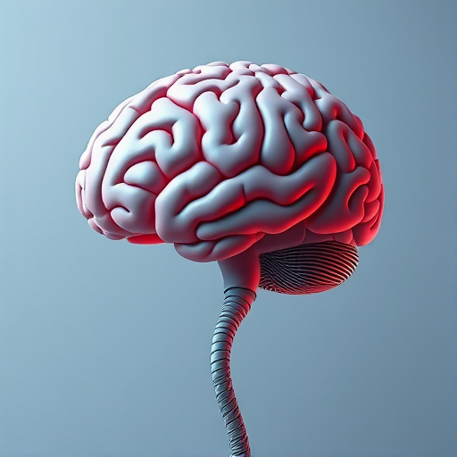 Generate a detailed illustration of a stylized human brain attached to a spinal cord, using a high-resolution digital art style, shot from a slightly elevated perspective, with soft lighting to create depth, in 4K resolution, using a Canon EOS 5D Mark IV with a 50mm f/1.8 lens at f/2.8 for sharp focus.