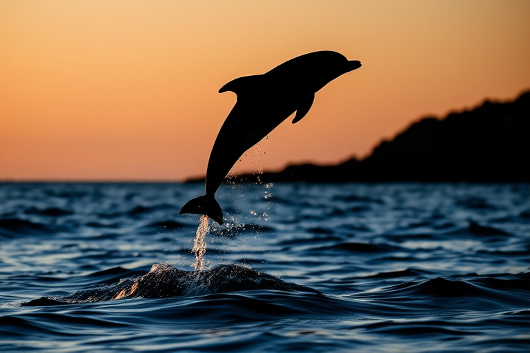 Create a detailed silhouette of a dolphin leaping out of the water, capture it with a DSLR camera at f/4, ISO 100, shutter speed 1/500 seconds, using a telephoto lens with a wide-angle view for clarity and depth in a coastal setting.