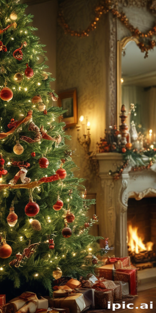 Cozy Holiday Scene Featuring a Decorated Christmas Tree and Warm Fireplace