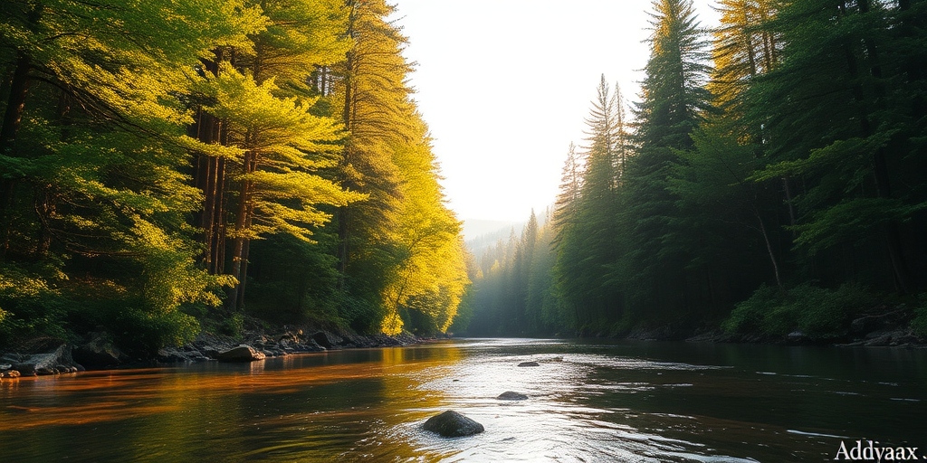 Create an image of a serene, sunlit forest scene with a clear, gently flowing river. Tall trees with lush green foliage line both sides of the river, their leaves bathed in the warm golden light of the setting or rising sun. The sunlight filters through the trees, casting soft, dappled light on the river, which flows over smooth rocks and pebbles, creating a peaceful, natural atmosphere. The sky is bright with a few scattered clouds, and the overall mood is tranquil, evoking a deep sense of connection with nature. The image captures the beauty of a calm, pristine forest landscape at either dawn or dusk.