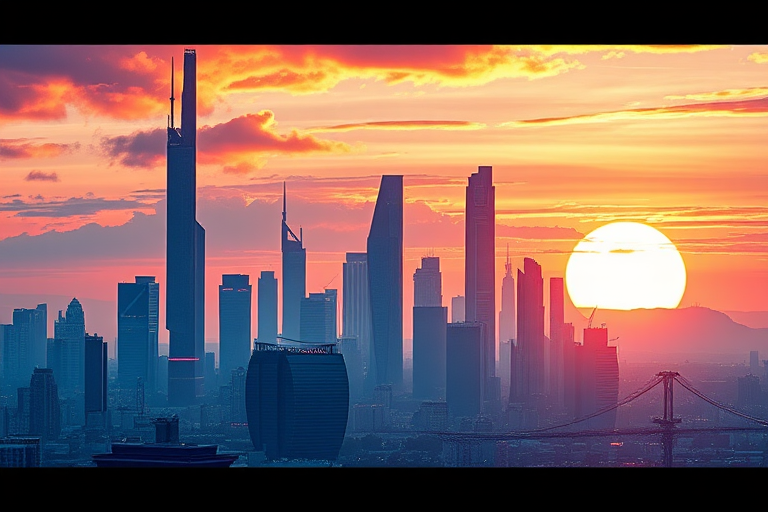 Create a high-resolution digital illustration of a futuristic city skyline at sunset with vibrant colors, using a Canon EOS R5 camera, 35mm lens, f/8 aperture, ISO 100, and a panoramic view for optimal detail and depth.