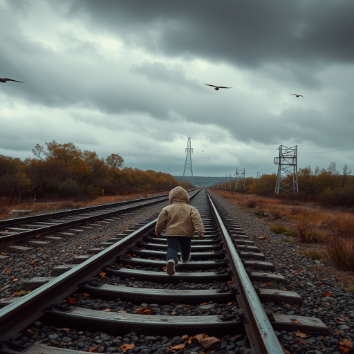Create a moody and atmospheric image of a child walking along abandoned train tracks in a rain-soaked landscape during autumn, capturing dramatic clouds and flying birds in the background, using a Canon EOS R5 with a 35mm lens at f/2.8, ISO 400, shutter speed 1/125s, and a low-angle view for depth.