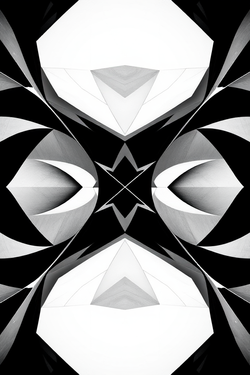 Create a high-resolution abstract design featuring geometric shapes in black and white, captured with a Canon EOS R5 at f/8, ISO 100, 1/125 sec, using a wide-angle lens in a symmetrical composition.