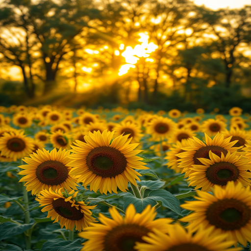 sunflower field at golden hour with sunlight streaming through trees, wide-angle lens, f/11 aperture, ISO 100, 1/250 sec shutter speed, DSLR camera, high dynamic range imaging, vibrant colors and sharp details
