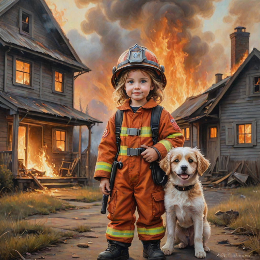 airbrushed oil painting, pixar style, cute little girl in fireman gear, helmet, tousled hair, expressive eyes, standing in the doorstep of a cottage burning behind him, holding a cute little dog in her arm, atumn sky