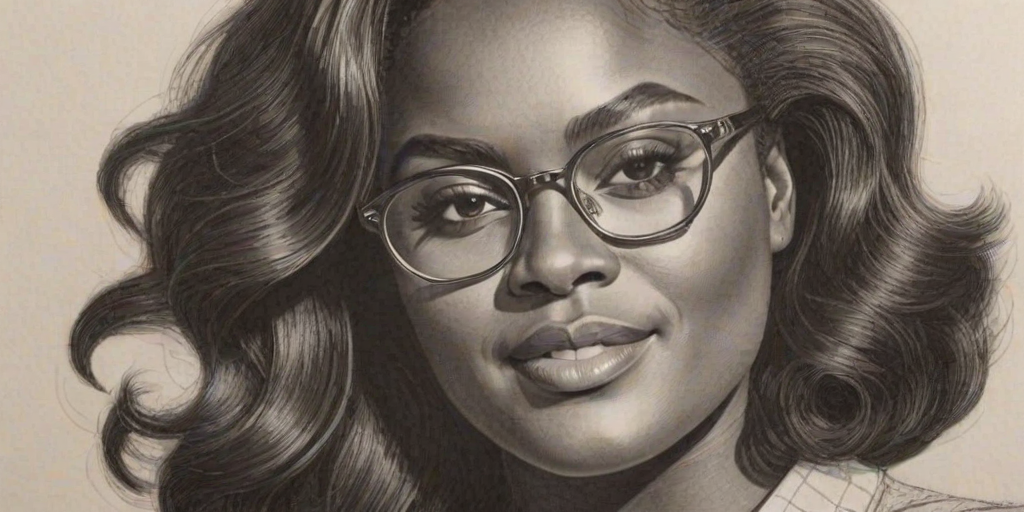 Beauteous Danielle Brooks, pencil sketch, portrait of Gorgeous woman 1960s in glasses, hair style beatnik, outline, clear lines, fine lines, 8k
