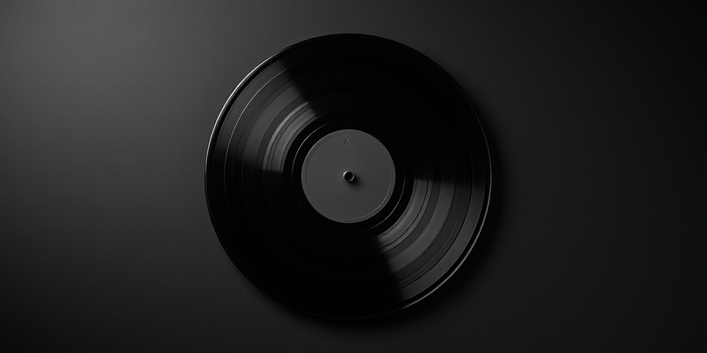 create a high-quality image of a vintage vinyl record on a black background with a top-down view, using a DSLR camera set to aperture f/4, shutter speed 1/125s, ISO 100, and standard lens for optimal sharpness and detail.